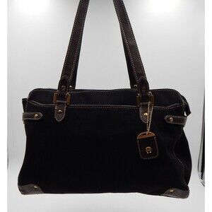 Etienne Aigner Womens Black Canvas Brown Faux Leather Trim Purse Shoulder Bag